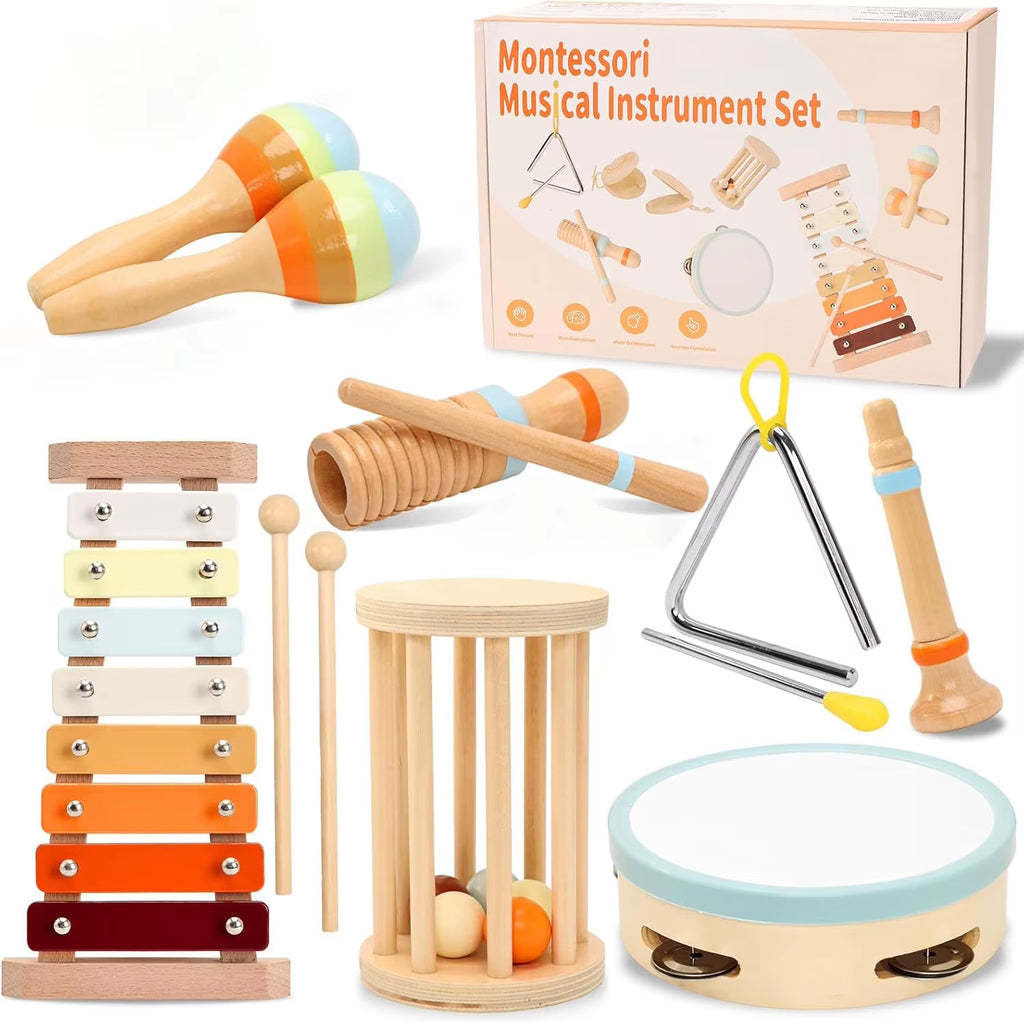 Enchanting Baby Musical Instruments Wooden Toy Set - Montessori Percussion Drums and Xylophone for Preschool Learning and Fun