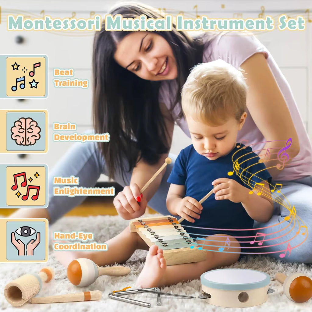 Enchanting Baby Musical Instruments Wooden Toy Set - Montessori Percussion Drums and Xylophone for Preschool Learning and Fun