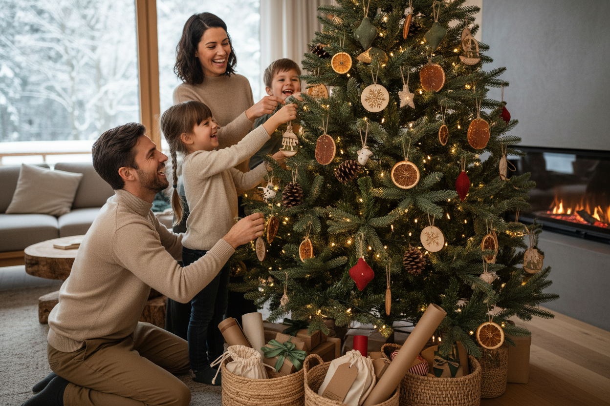 familia padre, madre, niño y niña decorando el arbol de navidad con productos eco 