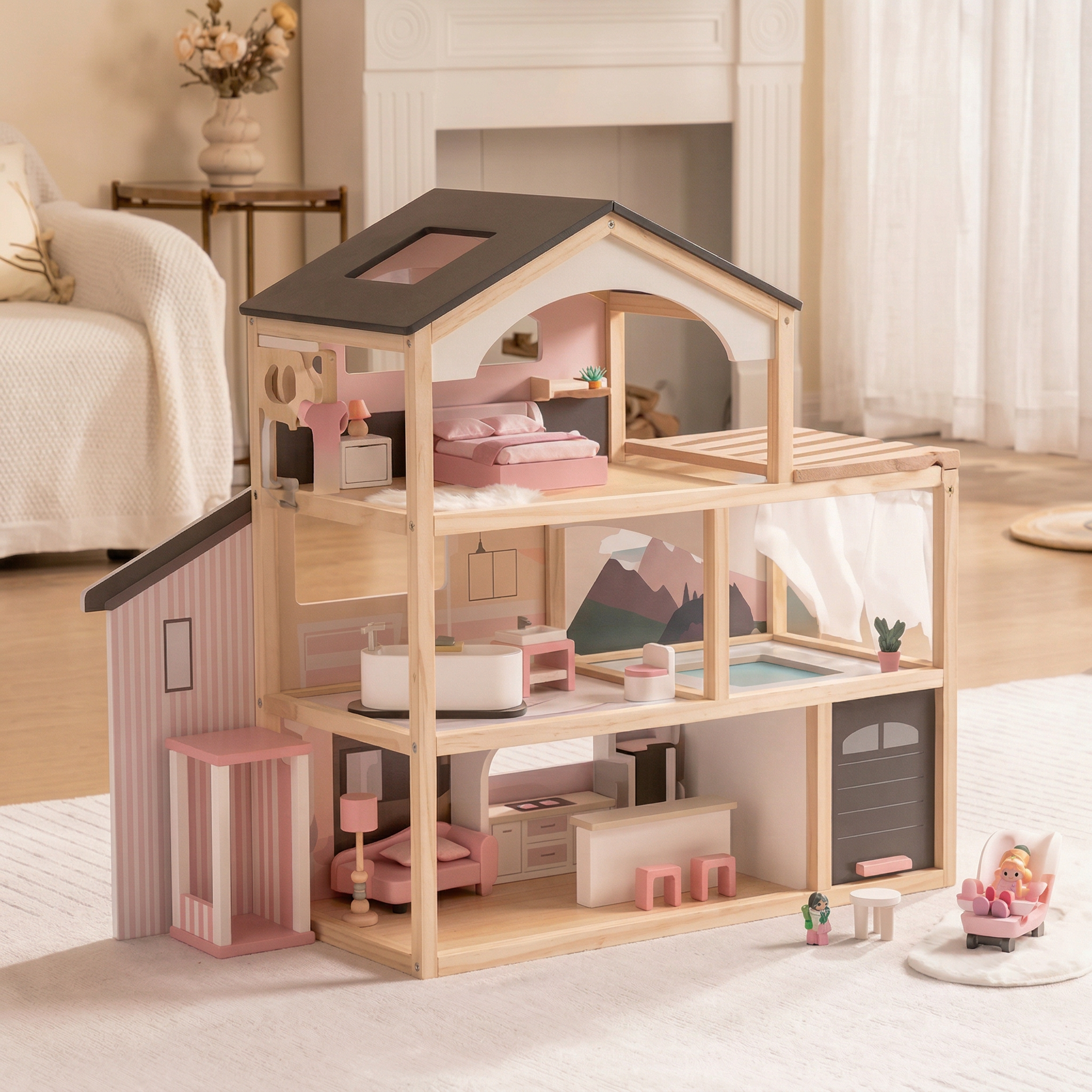 Luxuriöse Holzpuppen-Villa – Großes Haus mit Möbeln, Pool und Aufzug