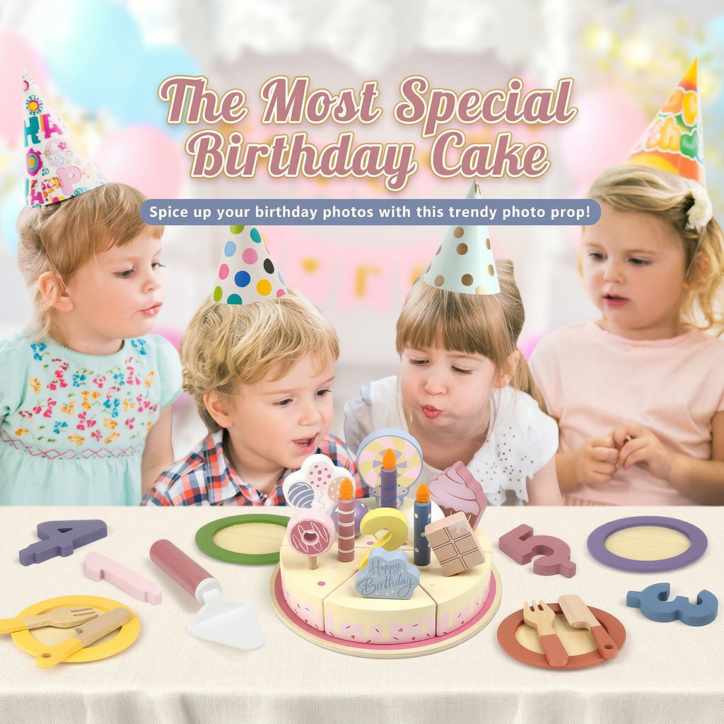 🎂Pastel de Cumpleaños de Madera r – Juego de Imitación para Pequeños Chefs