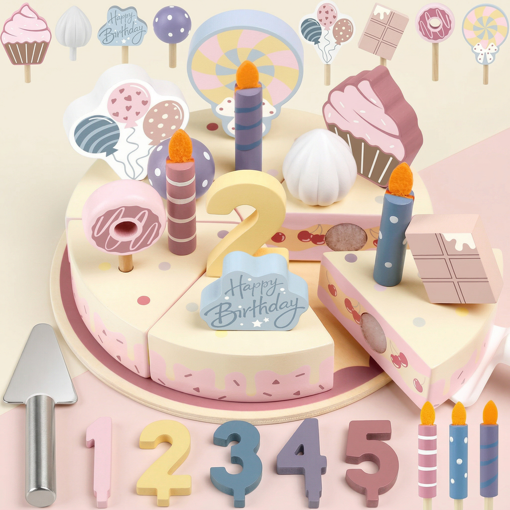🎂Pastel de Cumpleaños de Madera r – Juego de Imitación para Pequeños Chefs